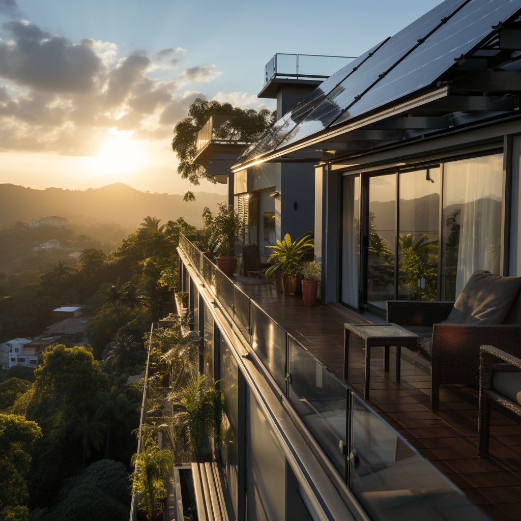 Moderne Dachterrasse mit Photovoltaikanlage im warmen Sonnenuntergang
